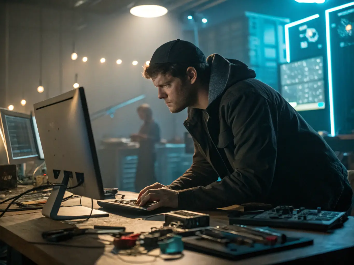 An IT professional remotely troubleshooting a computer issue using GoToMyPC, highlighting the remote support capabilities.