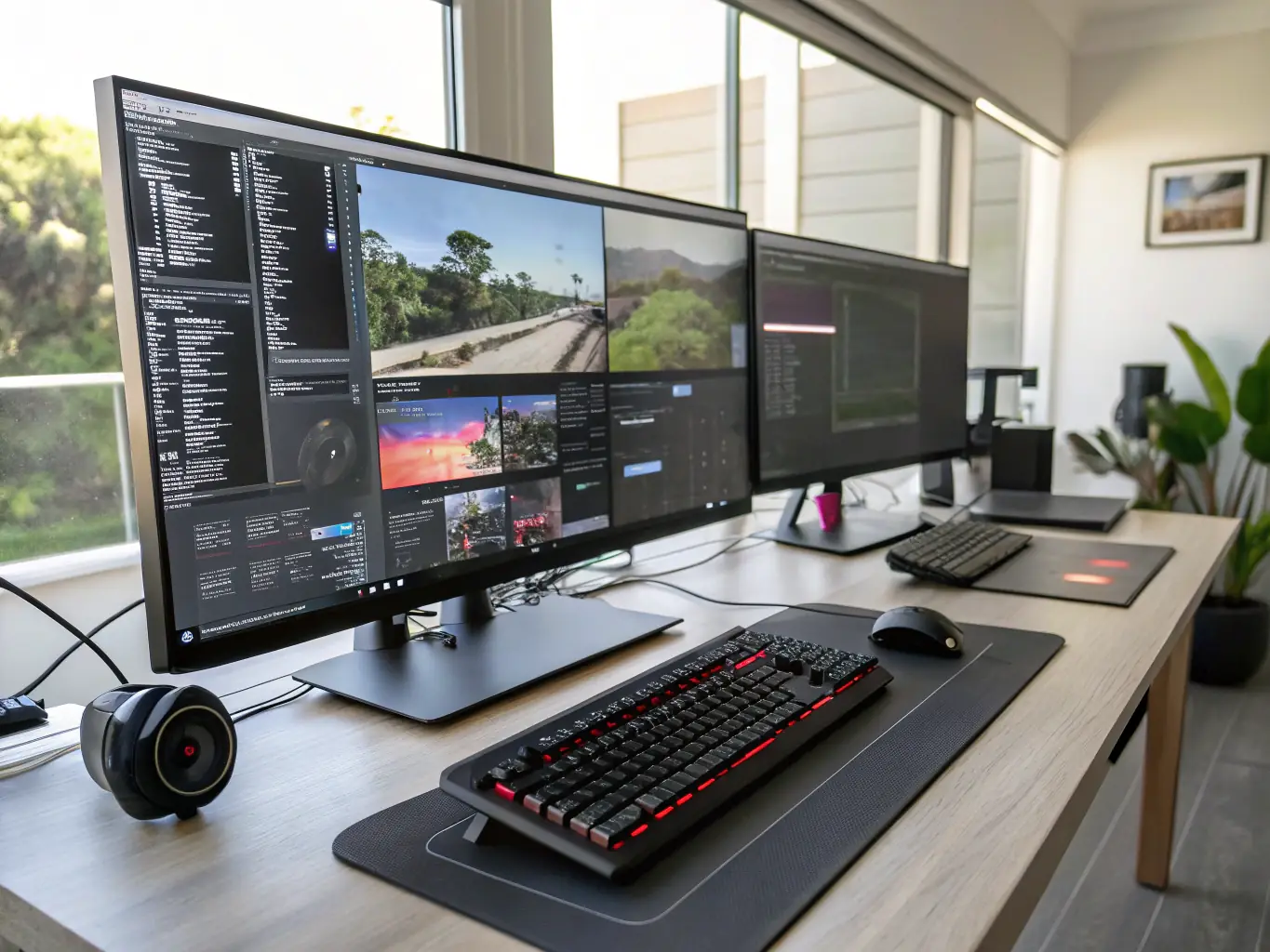 A person working with multiple monitors connected to their remote computer via GoToMyPC, illustrating the multi-monitor support feature.