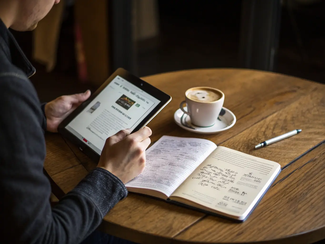 A user seamlessly accessing files on their office computer from a tablet while sitting in a coffee shop, showcasing the file access feature of GoToMyPC.